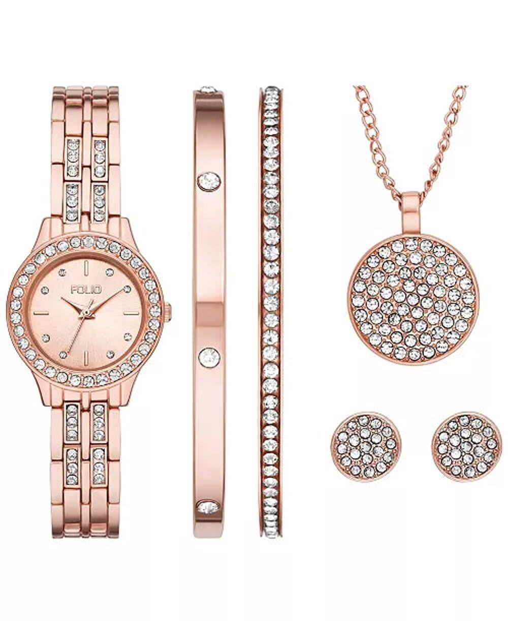Folio Women Rose Gold Crystal Watch Bracelet Necklace Earring Box Set New in Box
